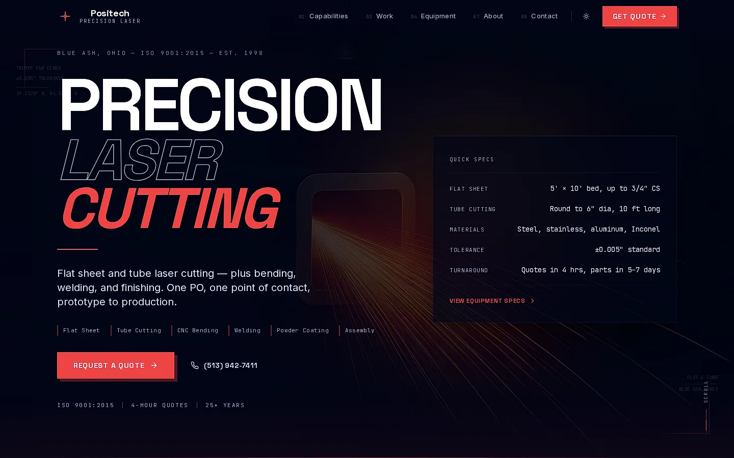 Positech Precision Laser homepage hero — live