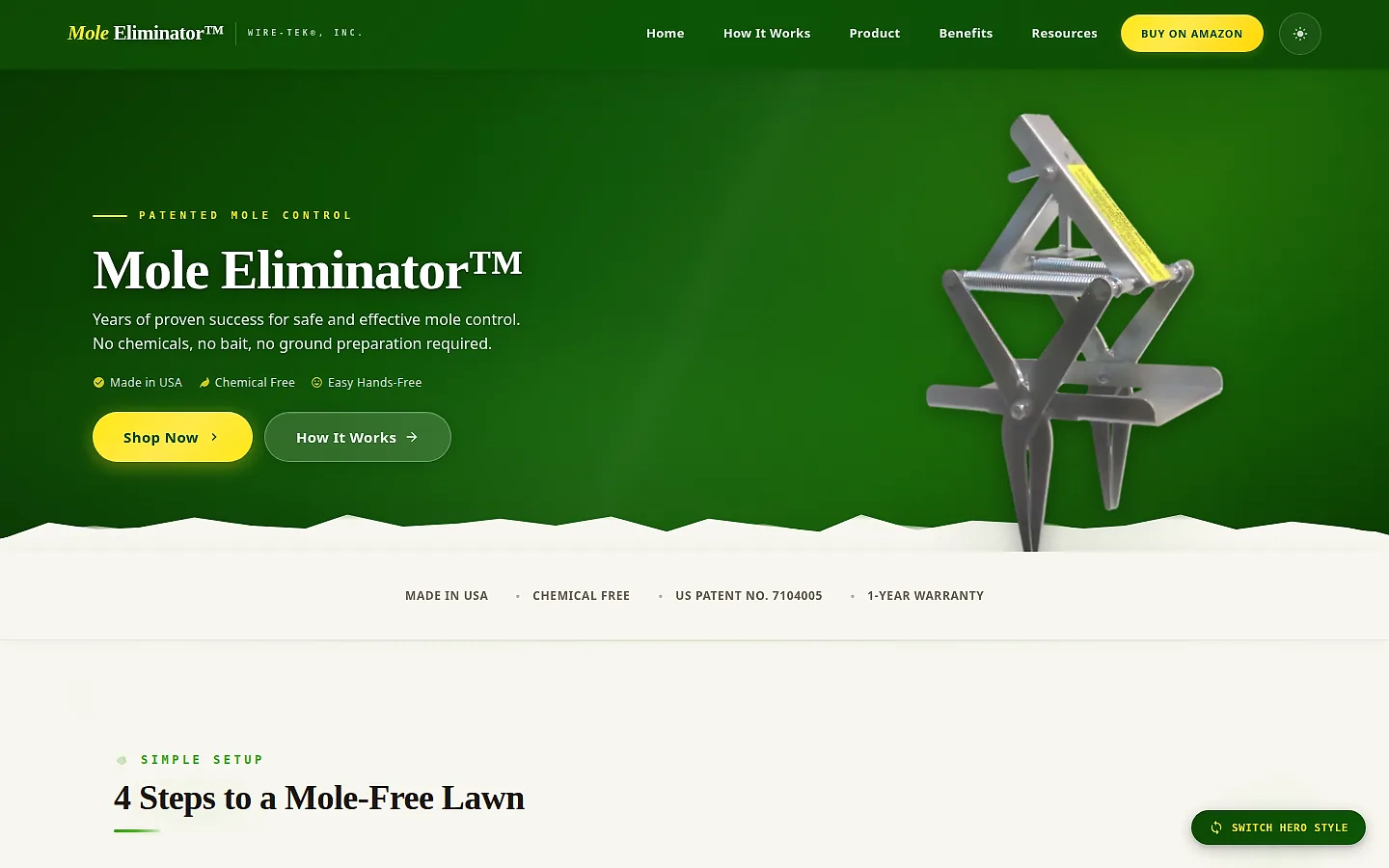 Wire-Tek Mole Eliminator homepage hero — live